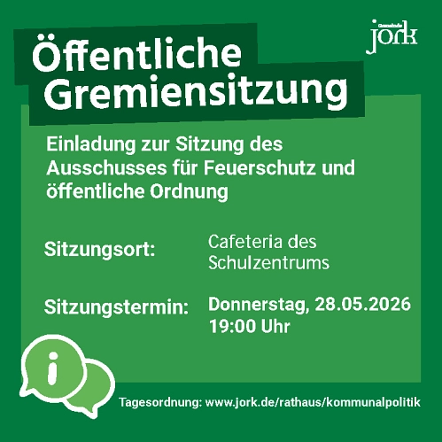 Einladung zur öffentlichen Gremiensitzung des Ausschusses für Feuerschutz und öffentliche Ordnung am 28.05.2026 um 19:00 Uhr&nbsp;&copy;&nbsp;Gemeinde Jork